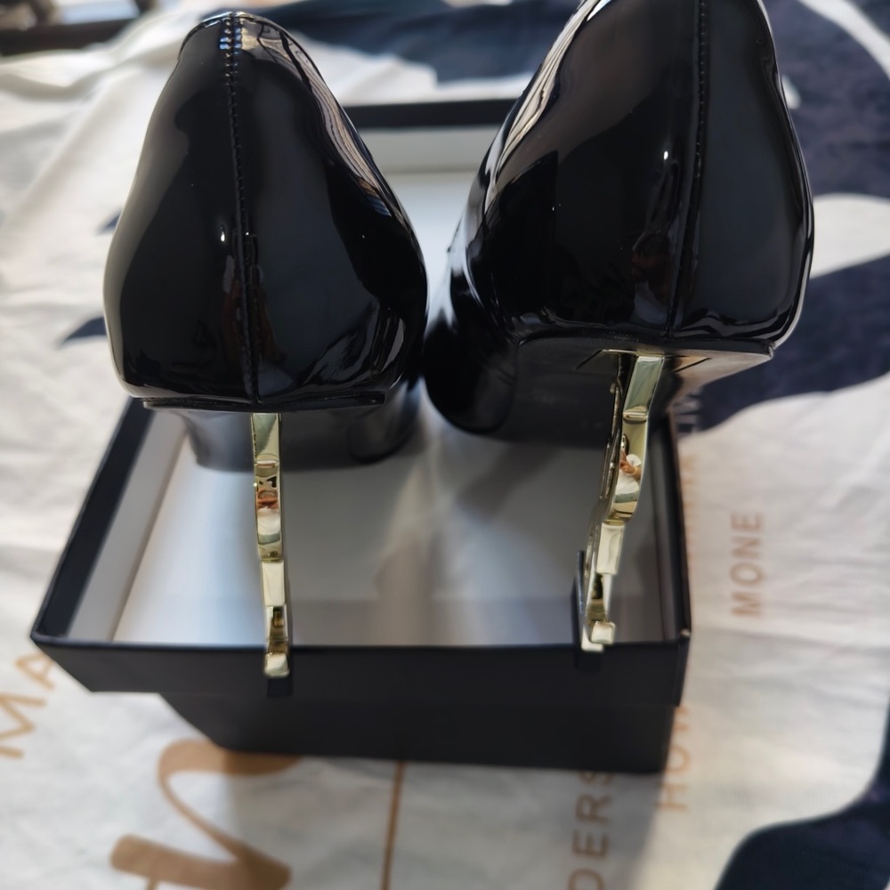 Saint Laurent Black Patent Pointed-Toe Heels with Gold YSL Logo Heel - Picture 9 of 12